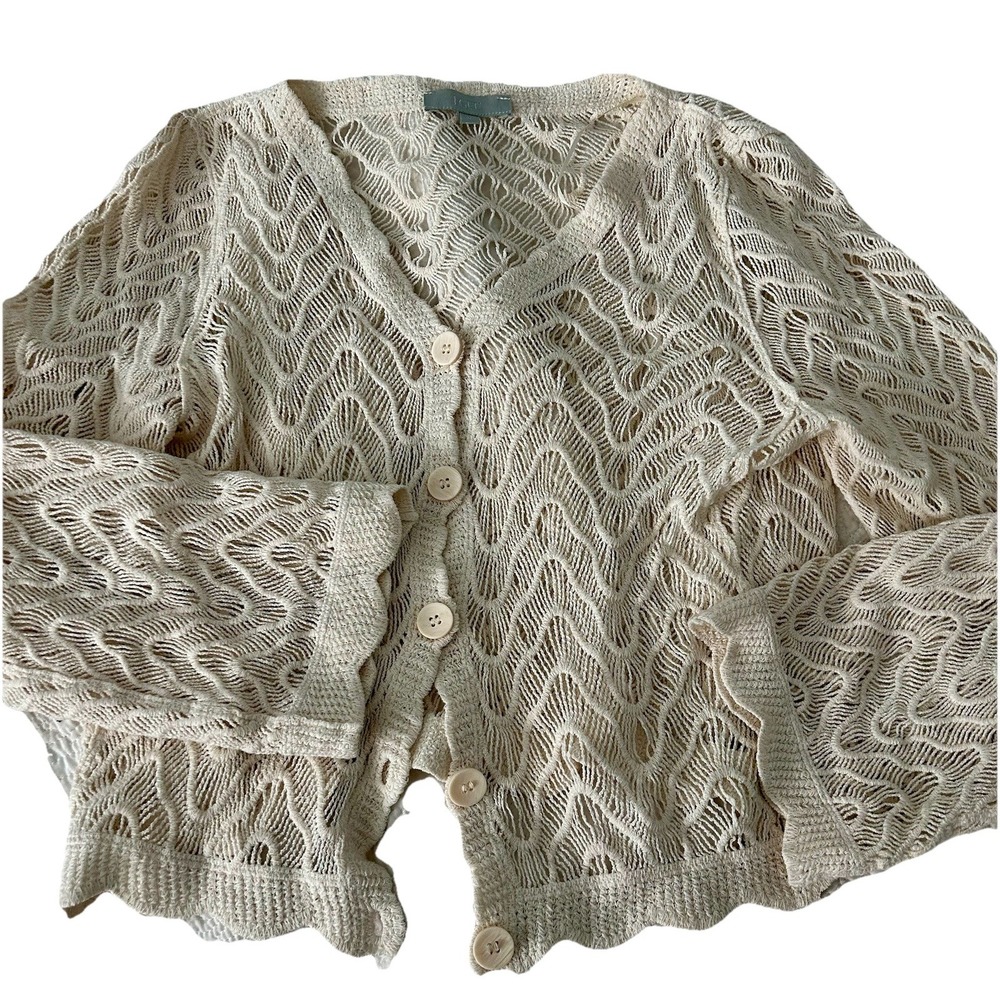 J Gee Crochet Lace Cardigan Top Ivory Button Front Scallop‎ Trim Size Small
